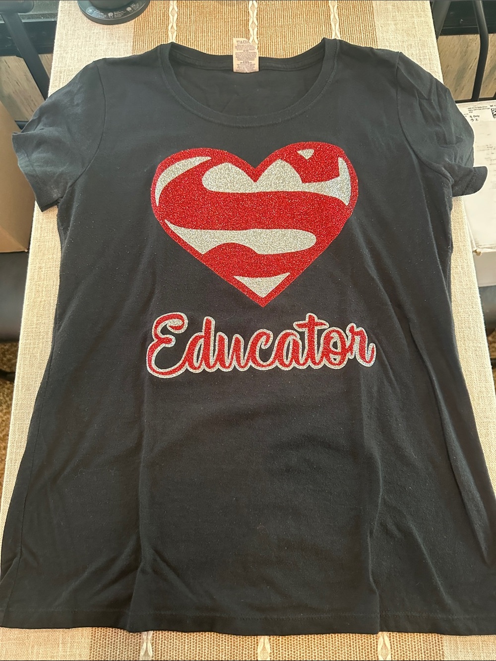 Jerzees Black Tee with Red and Silver Glitter Heart Educator Graphic